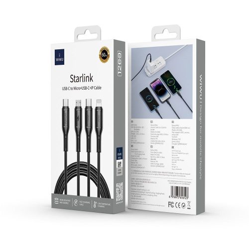 WiWU Wi-046E Starlink Series 3in1 USB-C USB-C / Lightning / microUSB kábel, 60W, 1m, fekete
