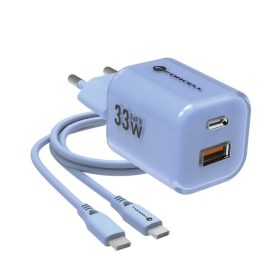   Forcell F-Energy Crystal Color GaN III VT-41 USB-C-USB-A hálózati töltő adapter szilikon kábellel, 33W, kék