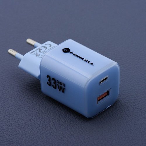 Forcell F-Energy Crystal Color GaN III VT-41 USB-C-USB-A hálózati töltő adapter szilikon kábellel, 33W, kék
