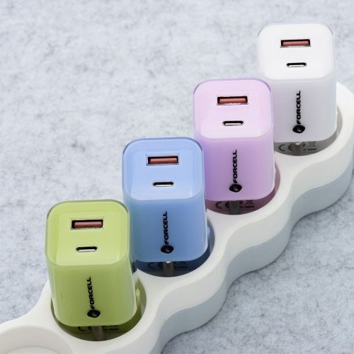 Forcell F-Energy Crystal Color GaN III VT-41 USB-C-USB-A hálózati töltő adapter szilikon kábellel, 33W, kék