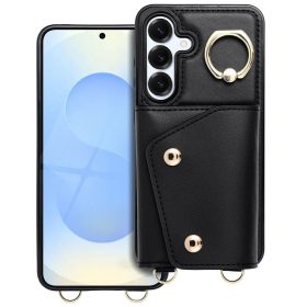   Wonder Samsung Galaxy A56 kártyatartós tok gyűrűs kitámasztóval, csuklóra / vállra akasztható pánttal, fekete