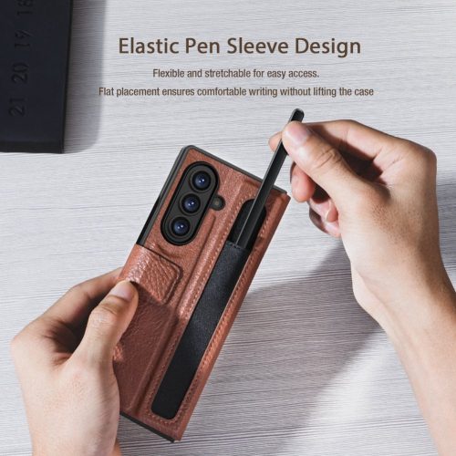 Nillkin Aoge Samsung Galaxy Z Fold 7 bőr mágneses oldalra nyíló tok, S Pen tartóval, barna