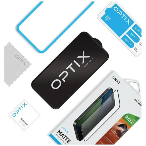 Uniq Optix Matte Apple iPhone Air (2025) tempered glass kijelzővédő üvegfólia felhelyező kerettel, fekete