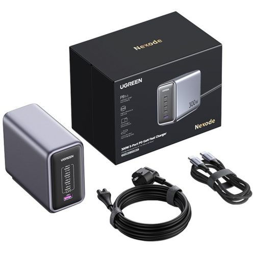 Ugreen Nexode CD333 4xUSB-C-USB-A hálózati töltő, USB-C kábellel, GaN, 300W + 240W, szürke