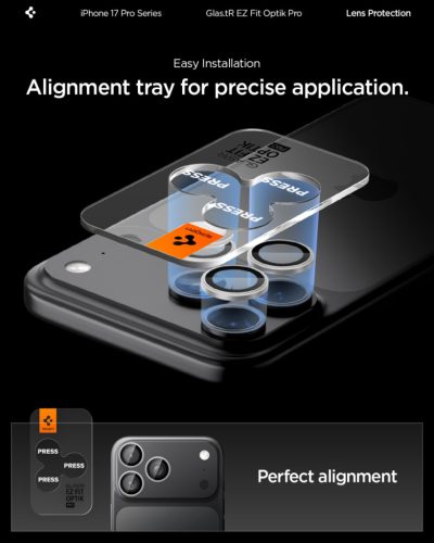 Spigen Glas.tR EZ Fit Optik Pro Apple iPhone 17 Pro / 17 Pro Max / 16 Pro / 16 Pro Max / 15 Pro / 15 Pro Max / 14 Pro / 14 Pro Max, Tempered kameralencse-védő fólia felhelyező kerettel, ezüst (2db)