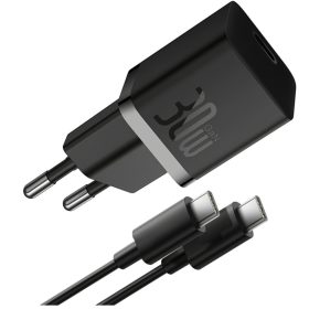   Baseus GaN5 Mini USB-C hálózati gyorstöltő adapter 30W, + USB-C-USB-C fonott kábel, 100W, fekete