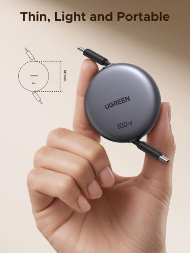 Ugreen USB-C-USB-C behúzható, állítható töltő-és adatkábel automatikus visszatekeréssel, 100W, 1m, fekete