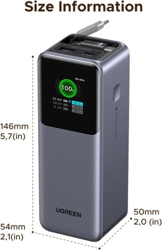 Ugreen PB726 Powerbank / külső akkumulátor, USB-A-2xUSB-C, 20000mAh, 165W, QC+PD, szürke