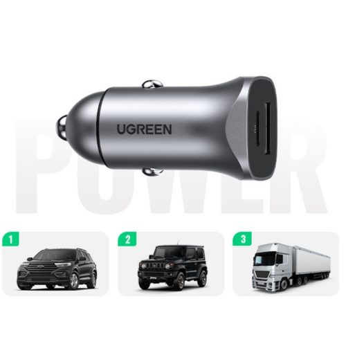 Ugreen CD130 USB-C-USB-A autós töltő, 3A, 30W, szürke