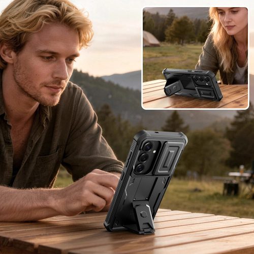 Tech-Protect Kevlar Cam+ Samsung Galaxy S25 FE tok kameravédelemmel, kitámasztóval, megerősített sarokkal, fekete