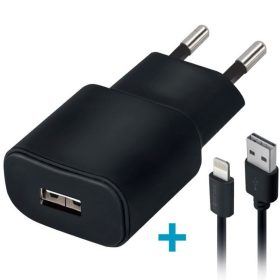   Hálózati töltő adapter, 5V / 2000 mAh, USB aljzat, Lightning kábellel, Forever, fekete, TC-01