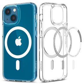   Apple iPhone 13 Mini, Műanyag hátlap védőtok + szilikon keret, Magsafe töltővel kompatibilis, Spigen Ultra Hybrid Mag, átlátszó/fehér