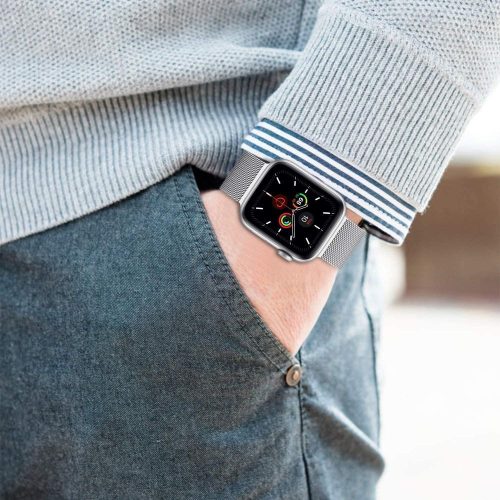 Apple Watch 4-6, SE, SE (2022), SE (2025) (38 / 40 mm) / Watch 7-9 (41 mm) / Watch 10-11 (42 mm), fém pótszíj, milánói stílus, TP MilaneseBand, ezüst
