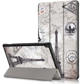   Samsung Galaxy Tab S9 FE Plus (12.4) SM-X610 / X616B, mappa tok, Eiffel torony, térkép minta, Trifold, szürke