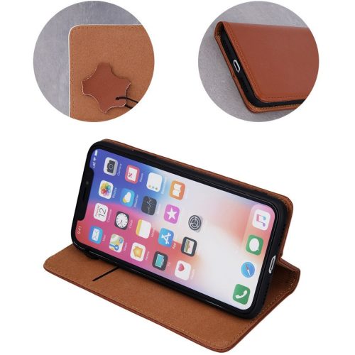 Apple iPhone Air (2025), Oldalra nyíló tok, valódi bőrtok, stand, Smart Pro, barna