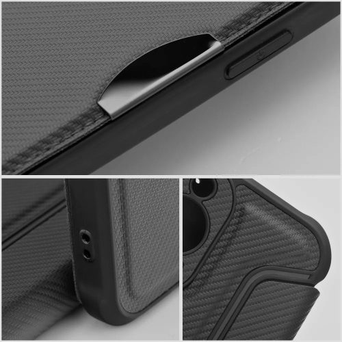Apple iPhone Air (2025), Oldalra nyíló tok, légpárnás sarok, bőrhatású, karbon minta, Razor Book, fekete