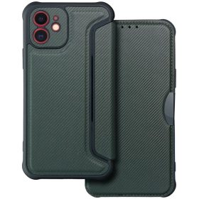   Apple iPhone Air (2025), Oldalra nyíló tok, légpárnás sarok, bőrhatású, karbon minta, Razor Book, zöld