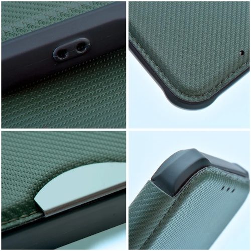 Apple iPhone Air (2025), Oldalra nyíló tok, légpárnás sarok, bőrhatású, karbon minta, Razor Book, zöld