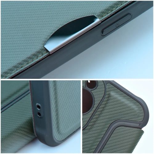 Apple iPhone Air (2025), Oldalra nyíló tok, légpárnás sarok, bőrhatású, karbon minta, Razor Book, zöld