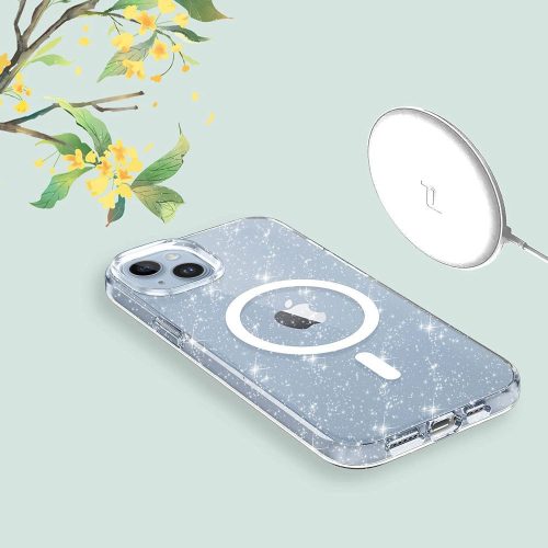 Apple iPhone Air (2025), Műanyag hátlap védőtok + szilikon keret, Magsafe töltővel kompatibilis, csillogó hátlap, FlexAir Hybrid Magsafe Glitter, átlátszó
