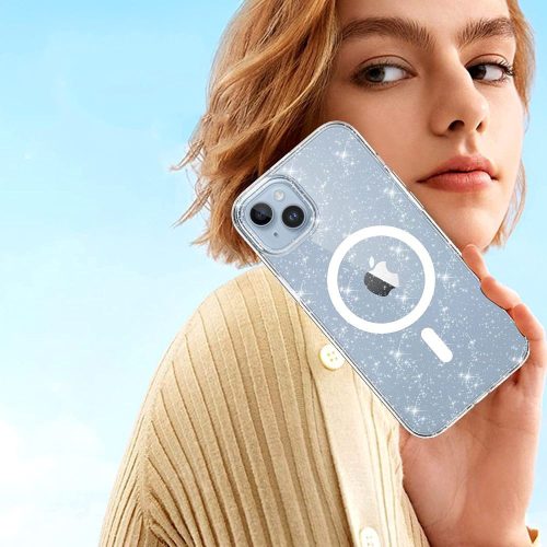 Apple iPhone Air (2025), Műanyag hátlap védőtok + szilikon keret, Magsafe töltővel kompatibilis, csillogó hátlap, FlexAir Hybrid Magsafe Glitter, átlátszó