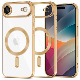   Apple iPhone Air (2025), Műanyag hátlap védőtok + szilikon keret, közepesen ütésálló, Magsafe töltővel kompatibilis, fényes keret, Magflex Magsafe, átlátszó/arany