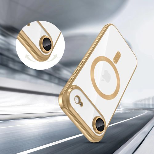 Apple iPhone Air (2025), Műanyag hátlap védőtok + szilikon keret, közepesen ütésálló, Magsafe töltővel kompatibilis, fényes keret, Magflex Magsafe, átlátszó/arany