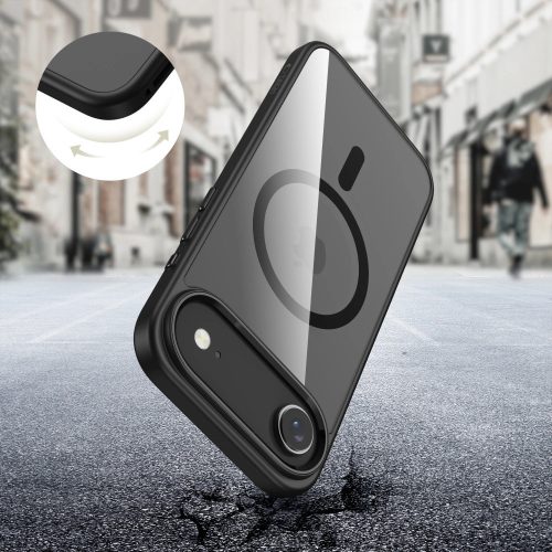 Apple iPhone Air (2025), Műanyag hátlap védőtok + szilikon keret, Magsafe töltővel kompatibilis, Magmat Magsafe, átlátszó/fekete