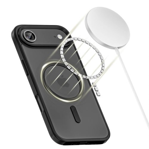 Apple iPhone Air (2025), Műanyag hátlap védőtok + szilikon keret, Magsafe töltővel kompatibilis, Magmat Magsafe, áttetsző/fekete