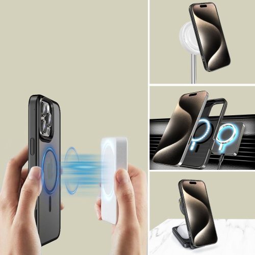 Apple iPhone Air (2025), Műanyag hátlap védőtok + szilikon keret, Magsafe töltővel kompatibilis, Magmat Magsafe, áttetsző/fekete