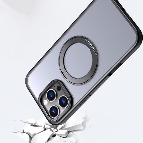 Apple iPhone Air (2025), Műanyag hátlap védőtok + szilikon keret, kitámasztóval, ujjtámasz, Magsafe töltővel kompatibilis, Magring Magsafe, áttetsző/fekete