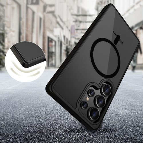 Samsung Galaxy S25 Ultra SM-S938, Műanyag hátlap védőtok + szilikon keret, Magsafe töltővel kompatibilis, Magmat Magsafe, áttetsző/fekete