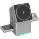 Univerzális vezeték nélküli töltő állomás 3in1, Qi Wireless, 15W, asztali tartó, mágneses, forgatható, Magsafe kompatibilis eszközökhöz, Geometric Charger, ezüst