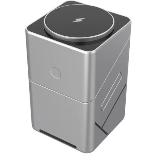 Univerzális vezeték nélküli töltő állomás 3in1, Qi Wireless, 15W, asztali tartó, mágneses, forgatható, Magsafe kompatibilis eszközökhöz, Geometric Charger, ezüst