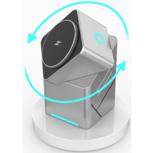 Univerzális vezeték nélküli töltő állomás 3in1, Qi Wireless, 15W, asztali tartó, mágneses, forgatható, Magsafe kompatibilis eszközökhöz, Geometric Charger, ezüst