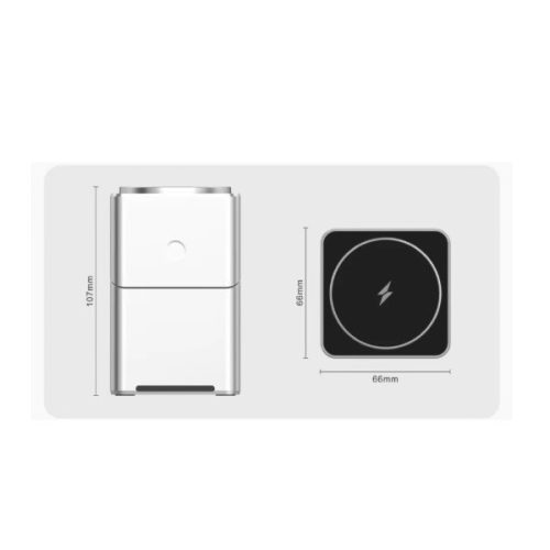 Univerzális vezeték nélküli töltő állomás 3in1, Qi Wireless, 15W, asztali tartó, mágneses, forgatható, Magsafe kompatibilis eszközökhöz, Geometric Charger, ezüst