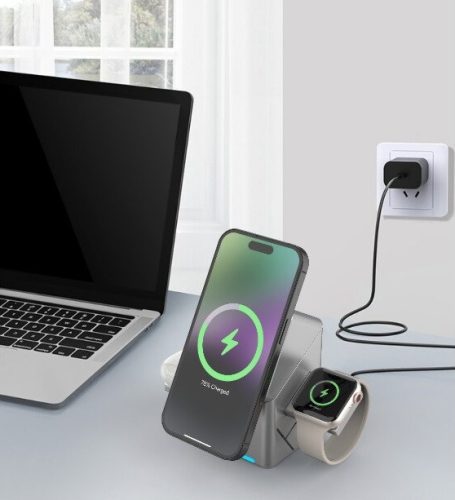 Univerzális vezeték nélküli töltő állomás 3in1, Qi Wireless, 15W, asztali tartó, mágneses, forgatható, Magsafe kompatibilis eszközökhöz, Geometric Charger, ezüst