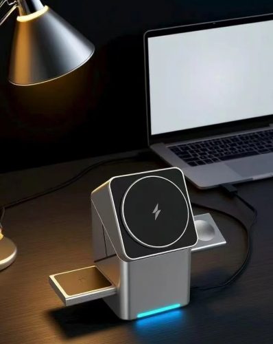 Univerzális vezeték nélküli töltő állomás 3in1, Qi Wireless, 15W, asztali tartó, mágneses, forgatható, Magsafe kompatibilis eszközökhöz, Geometric Charger, ezüst