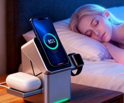 Univerzális vezeték nélküli töltő állomás 3in1, Qi Wireless, 15W, asztali tartó, mágneses, forgatható, Magsafe kompatibilis eszközökhöz, Geometric Charger, ezüst