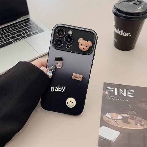 Apple iPhone 11, Szilikon tok, színátmenetes, 3D maci, kávé, smile minta, Teddy Bear Coffee Case, szürke/fekete