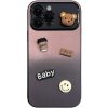 Apple iPhone 12, Szilikon tok, színátmenetes, 3D maci, kávé, smile minta, Teddy Bear Coffee Case, rózsaszín/fekete