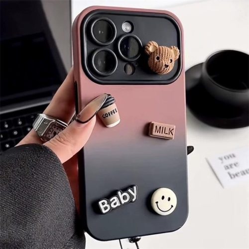 Apple iPhone 12, Szilikon tok, színátmenetes, 3D maci, kávé, smile minta, Teddy Bear Coffee Case, rózsaszín/fekete