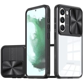   Samsung Galaxy S24 Ultra SM-S928, Műanyag hátlap + szilikon keret, átlátszó akril hátlap, kamera védelem, Wooze Trendy, fekete