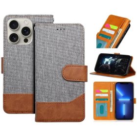   Samsung Galaxy S25 Ultra SM-S938, Oldalra nyíló tok, stand, kártyatartóval, farmer minta, Jeans Book, szürke